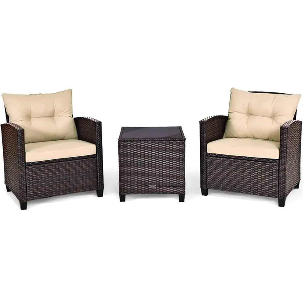 3PCS Rattan Patio Sofa Set, Cushioned Seat & Glass Table, Steel Frame Outdoor Garden Furniture, Customized