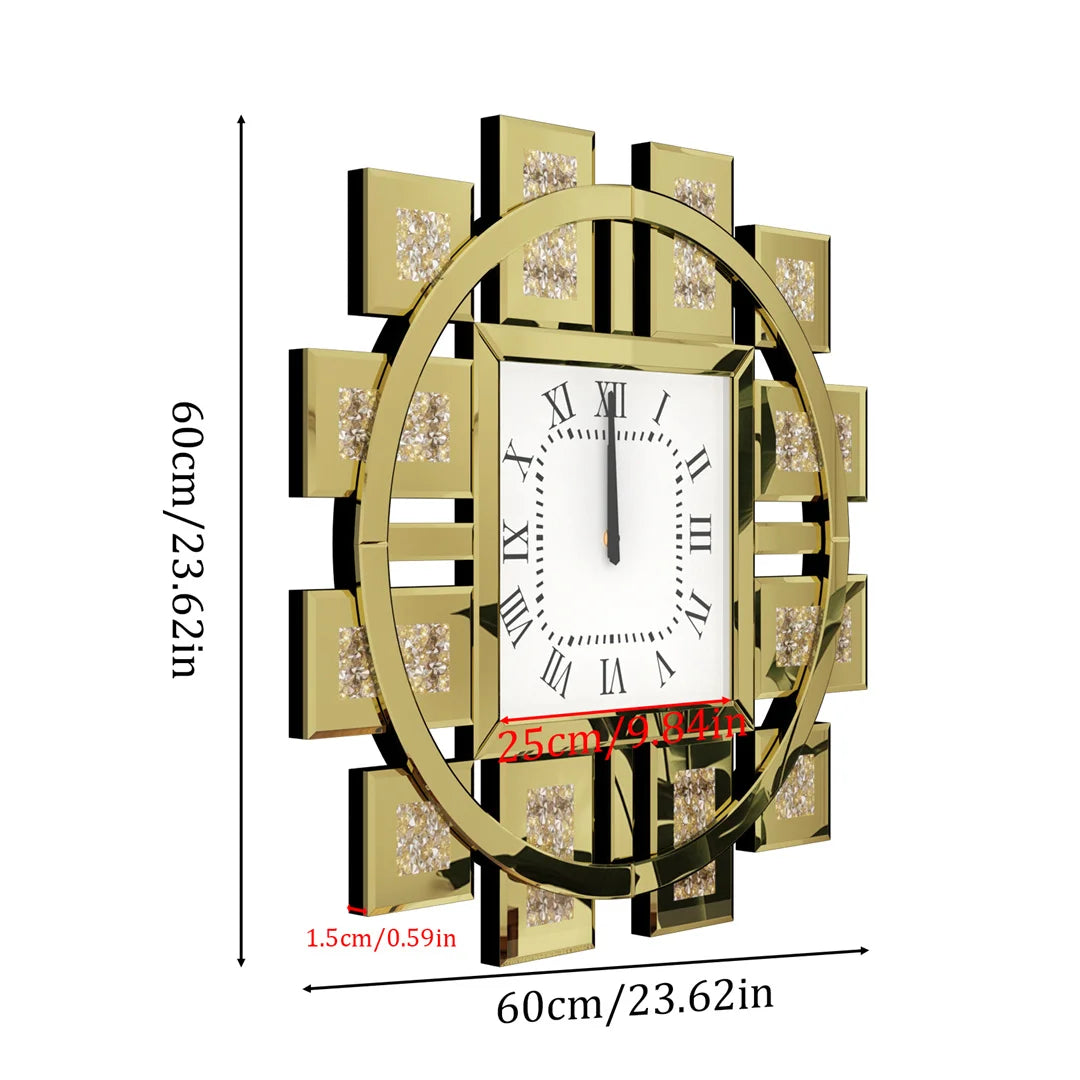 60CM Decorative Wall Clock with Silver/ Golden Crystal Crushed Diamond Inlay Battery Operated