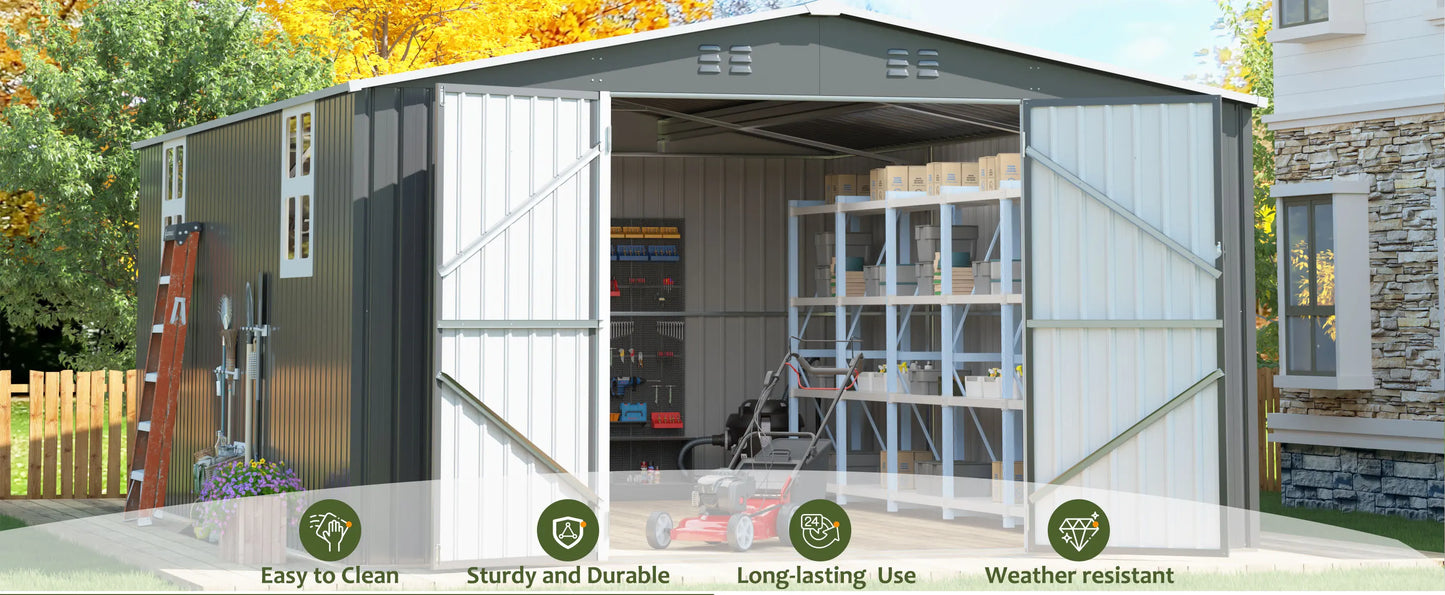 VIWAT 10x10~12x18FT Outdoor Metal Storage Heavy-Duty Frame Shed w/ Lockable Door, Heavy-Duty Tool Shed For Backyard Patio Graden