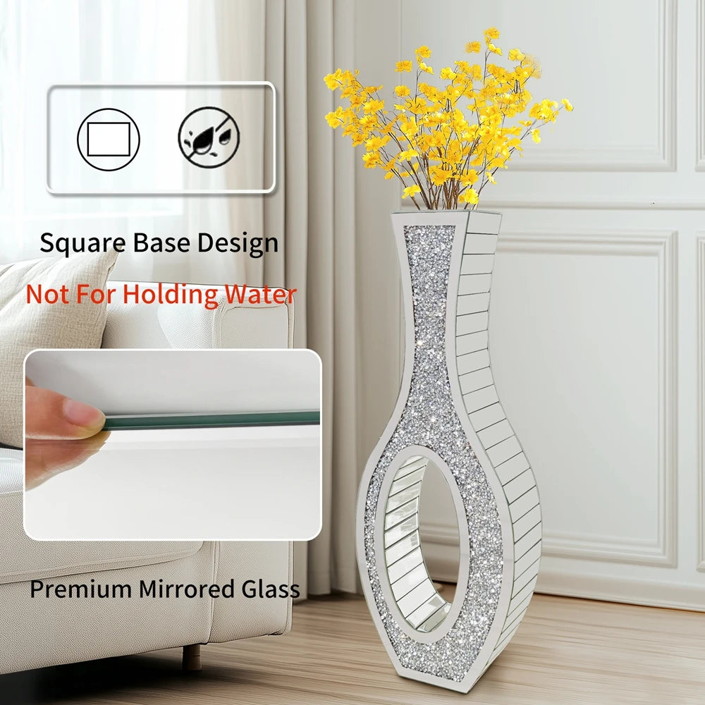 Tall Silver Mirrored Vase Decorative Crush Diamond Floor Grass Vase