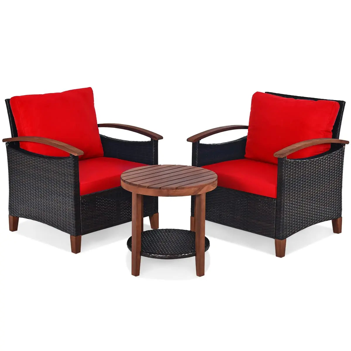 3-Piece Wicker Patio Set, Outdoor Rattan Table & Chairs with Wood Top for Balcony Porch Deck, All-Weather, Beige, Customized