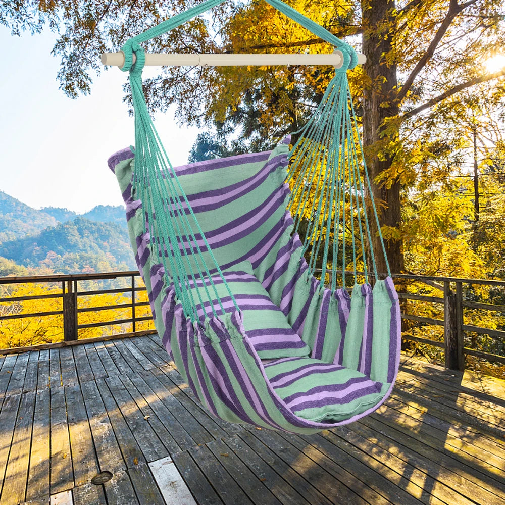 Outdoor Hanging Rope Chair Polyester Cotton with 2 Soft Pillows Green 250 Lbs Capacity for Garden Patio Porch Backyard Swing