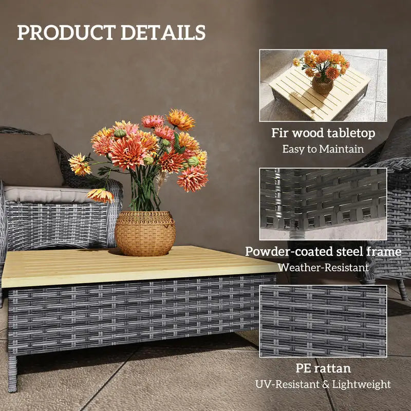 Outdoor Side Table with PE Rattan, Patio End Table with Natural Fir Wood Top, Weather Resistant Accent Table for Patio Pool P