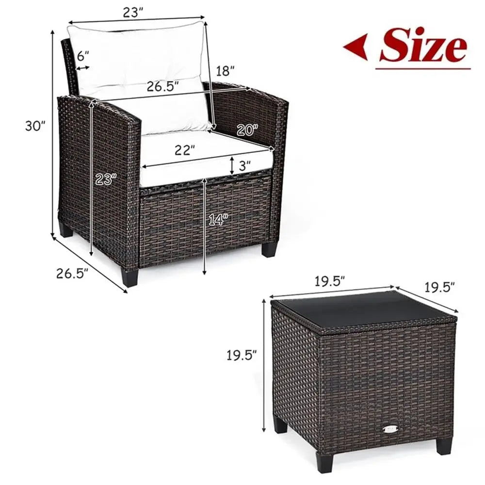 3PCS Rattan Patio Sofa Set, Cushioned Seat & Glass Table, Steel Frame Outdoor Garden Furniture, Customized