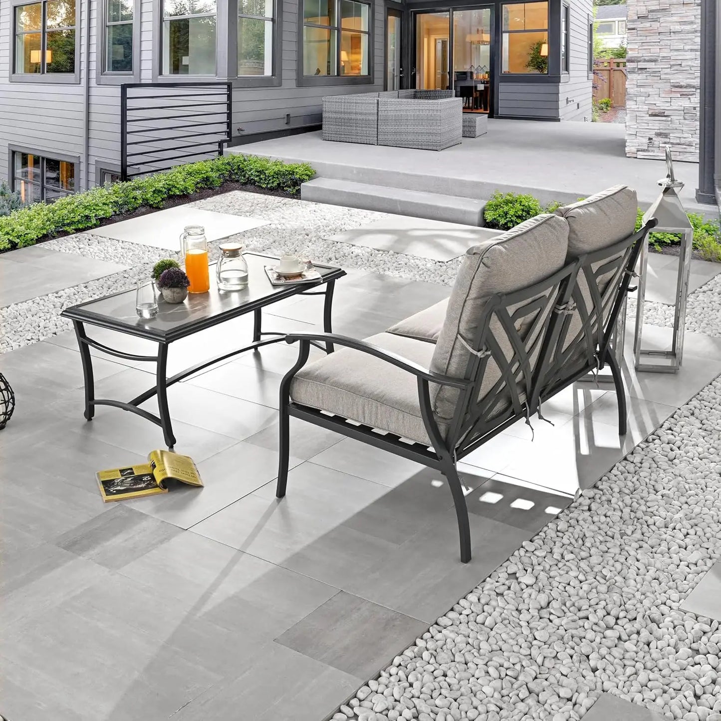 Patio Loveseat Bench Set with Thick Cushions & Coffee Table Outdoor Conversation Sofa for Backyard Deck Lawn, Grey, Customized