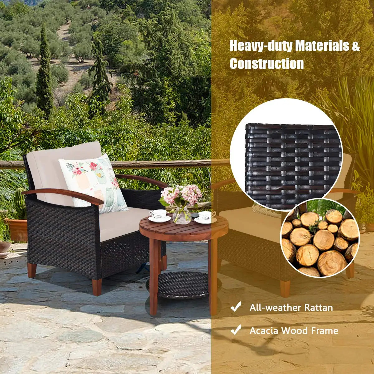 3-Piece Wicker Patio Set, Outdoor Rattan Table & Chairs with Wood Top for Balcony Porch Deck, All-Weather, Beige, Customized