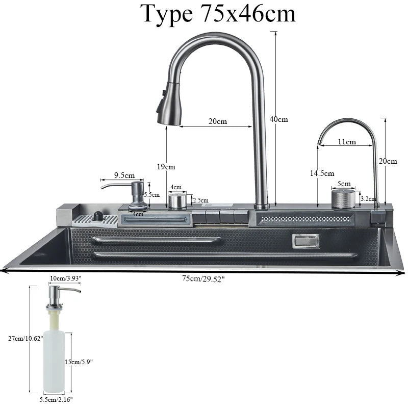 Hownifety Waterfall Sink Kitchen Stainless Steel Topmount Sink Large Single Slot Wash Basin With Multifunction Waterfall Faucet