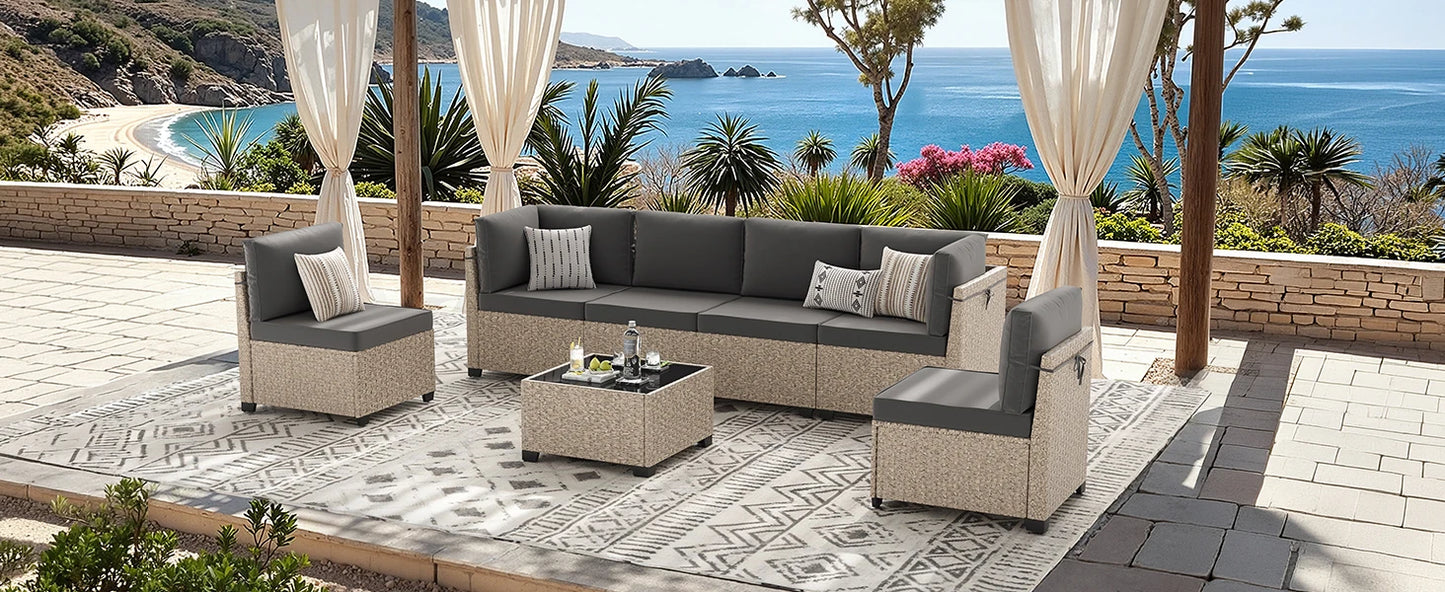 7-Piece Patio Furniture Set, Outdoor Rattan Sectional Sofa with Tempered Glass Table, All-Weather, for Garden, Porch, Backyard