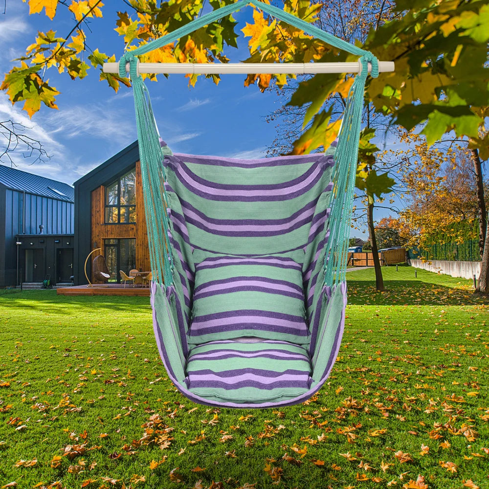Outdoor Hanging Rope Chair Polyester Cotton with 2 Soft Pillows Green 250 Lbs Capacity for Garden Patio Porch Backyard Swing