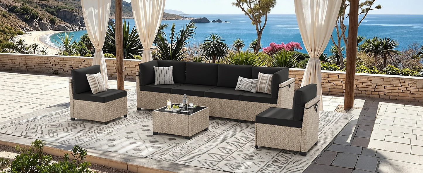 7-Piece Patio Furniture Set, Outdoor Rattan Sectional Sofa with Tempered Glass Table, All-Weather, for Garden, Porch, Backyard