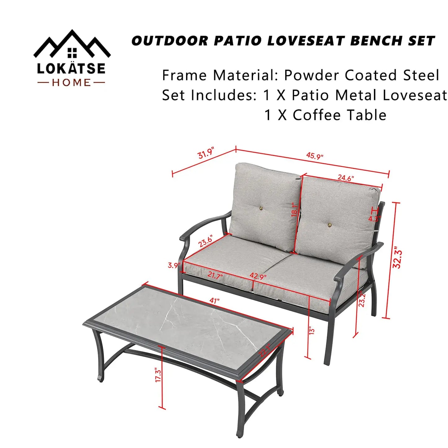 Patio Loveseat Bench Set with Thick Cushions & Coffee Table Outdoor Conversation Sofa for Backyard Deck Lawn, Grey, Customized