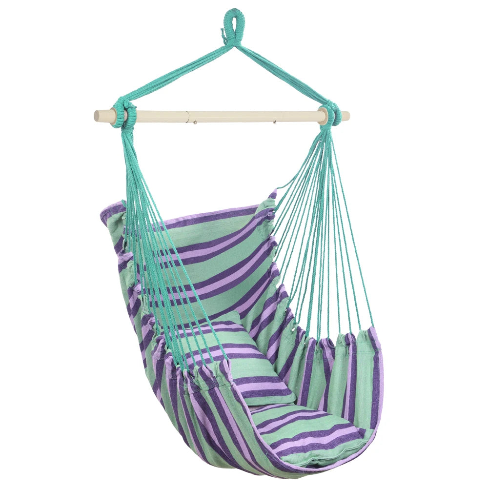 Outdoor Hanging Rope Chair Polyester Cotton with 2 Soft Pillows Green 250 Lbs Capacity for Garden Patio Porch Backyard Swing