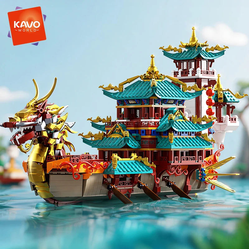 KAVOWORLD 2453PCS Chinese Dragon Boat Building Bricks Model Traditional Architecture STEM Toy Ideal Gift for Office Home Decor