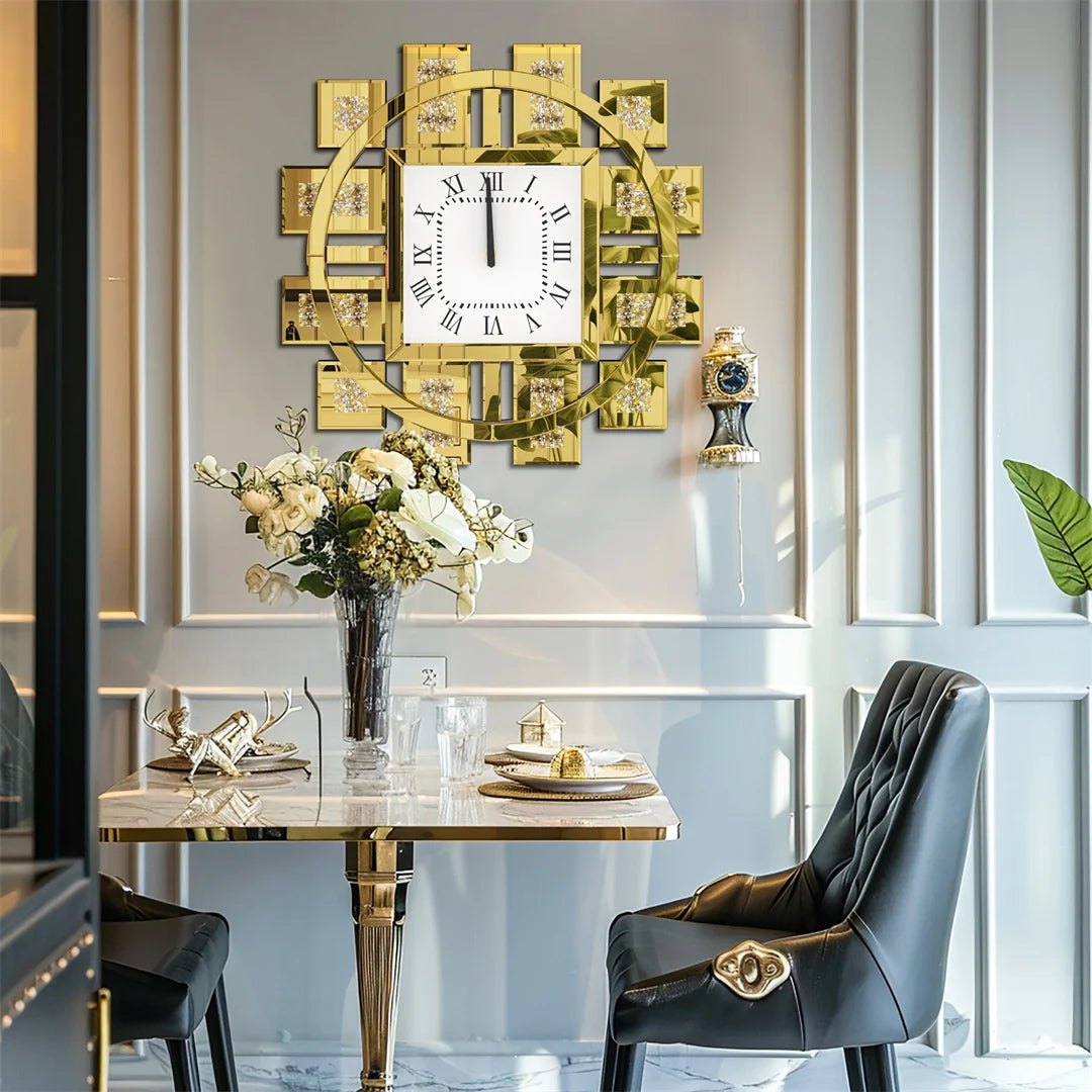 60CM Decorative Wall Clock with Silver/ Golden Crystal Crushed Diamond Inlay Battery Operated