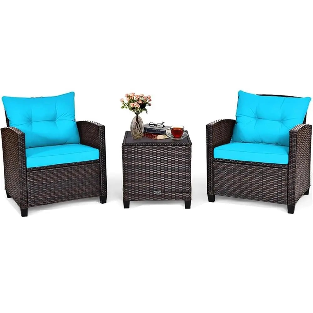 3PCS Rattan Patio Sofa Set, Cushioned Seat & Glass Table, Steel Frame Outdoor Garden Furniture, Customized