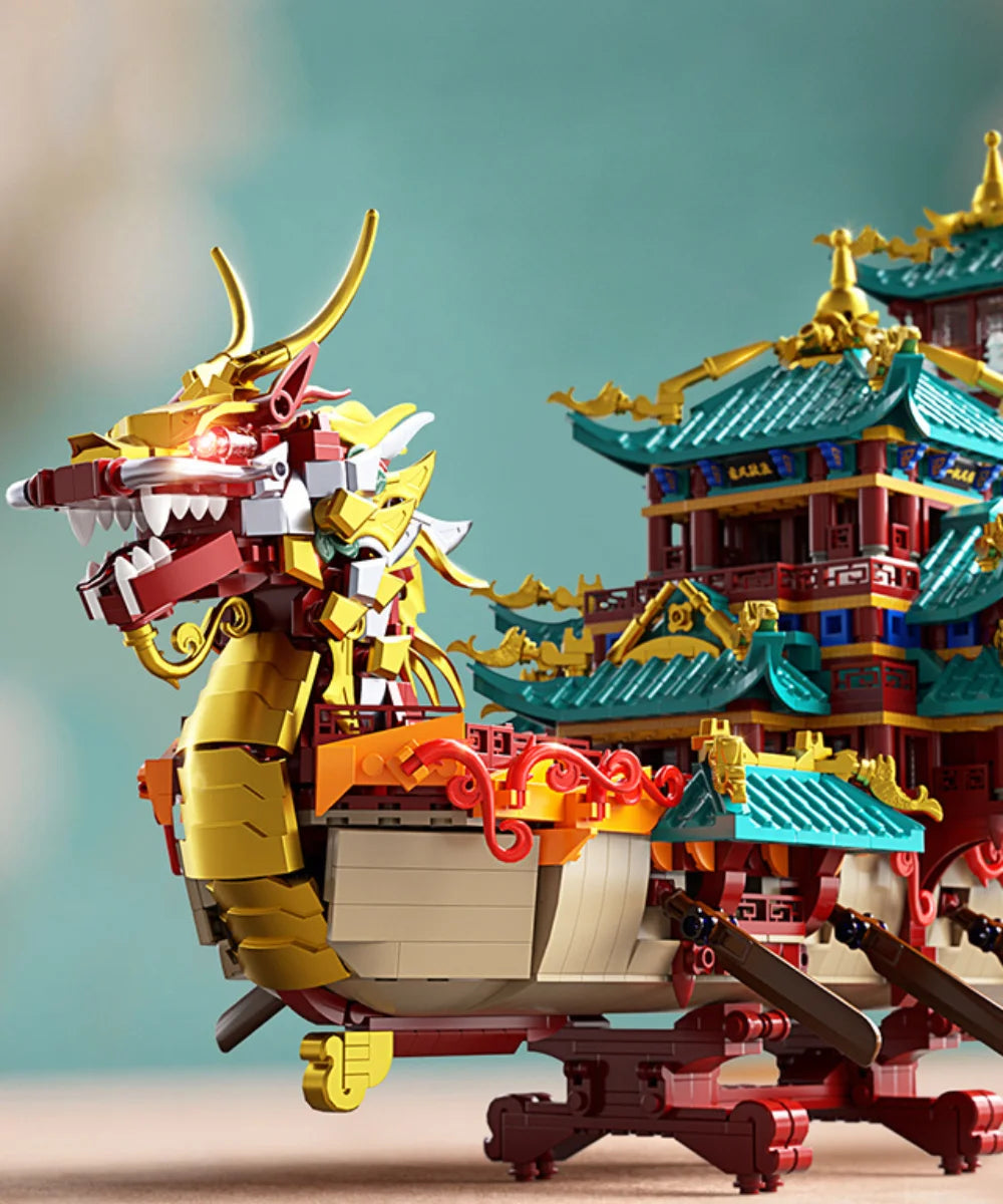 KAVOWORLD 2453PCS Chinese Dragon Boat Building Bricks Model Traditional Architecture STEM Toy Ideal Gift for Office Home Decor