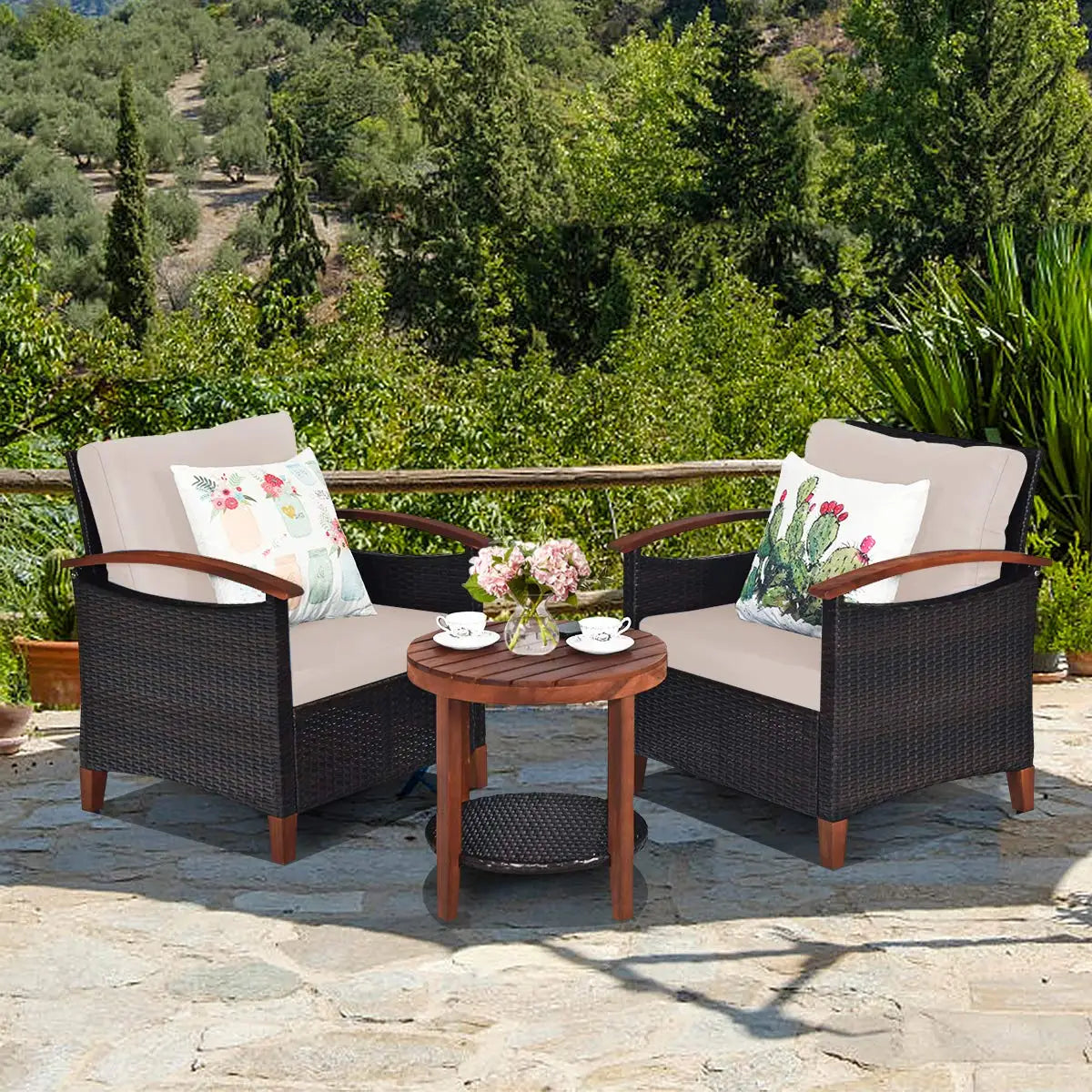 3-Piece Wicker Patio Set, Outdoor Rattan Table & Chairs with Wood Top for Balcony Porch Deck, All-Weather, Beige, Customized