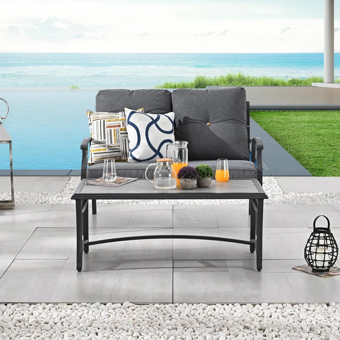 Patio Loveseat Bench Set with Thick Cushions & Coffee Table Outdoor Conversation Sofa for Backyard Deck Lawn, Grey, Customized