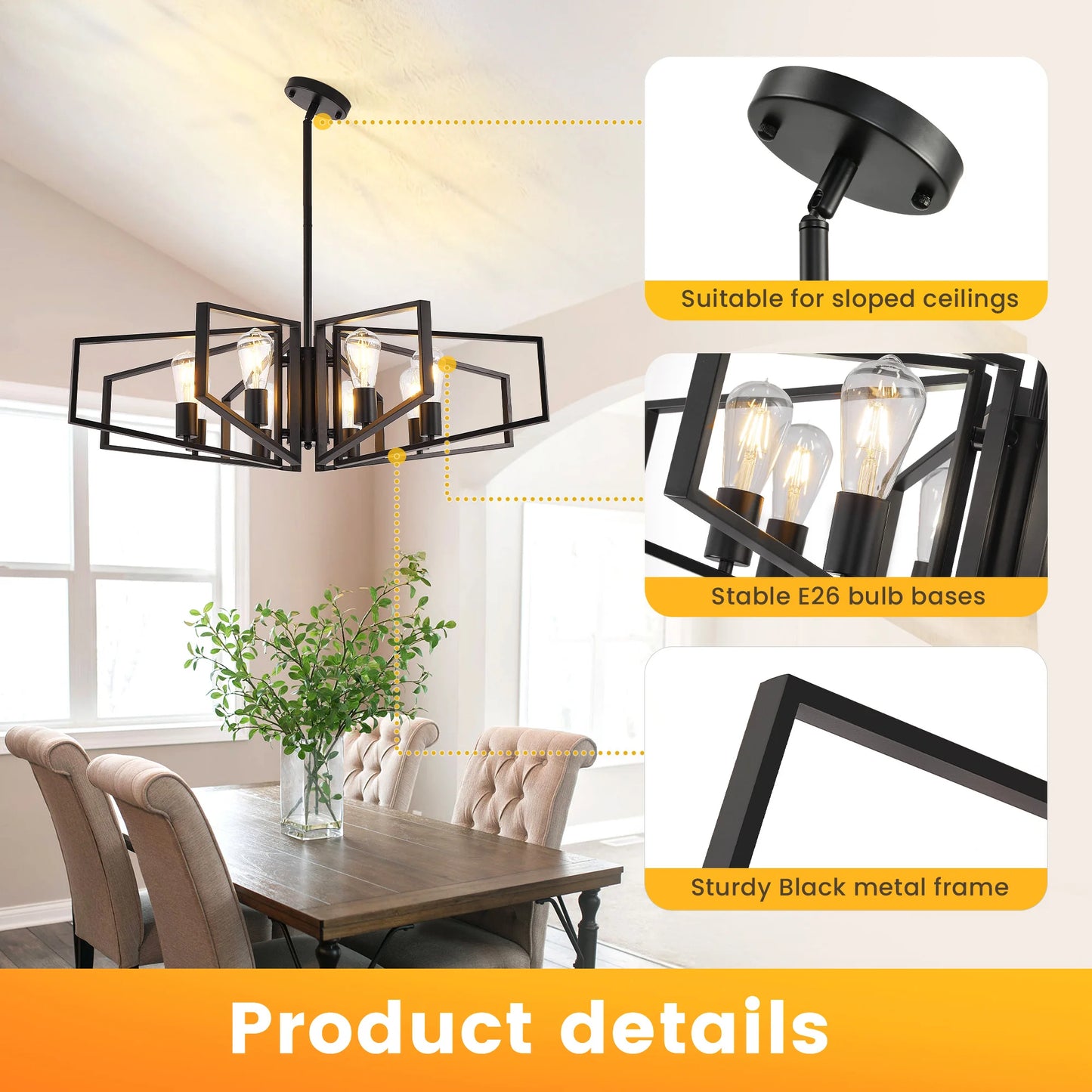 Modern 8-Light Geometric Chandelier Adjustable Height Metal Pendant Light with Black Frame & Golden Accents Ceiling Light Decor