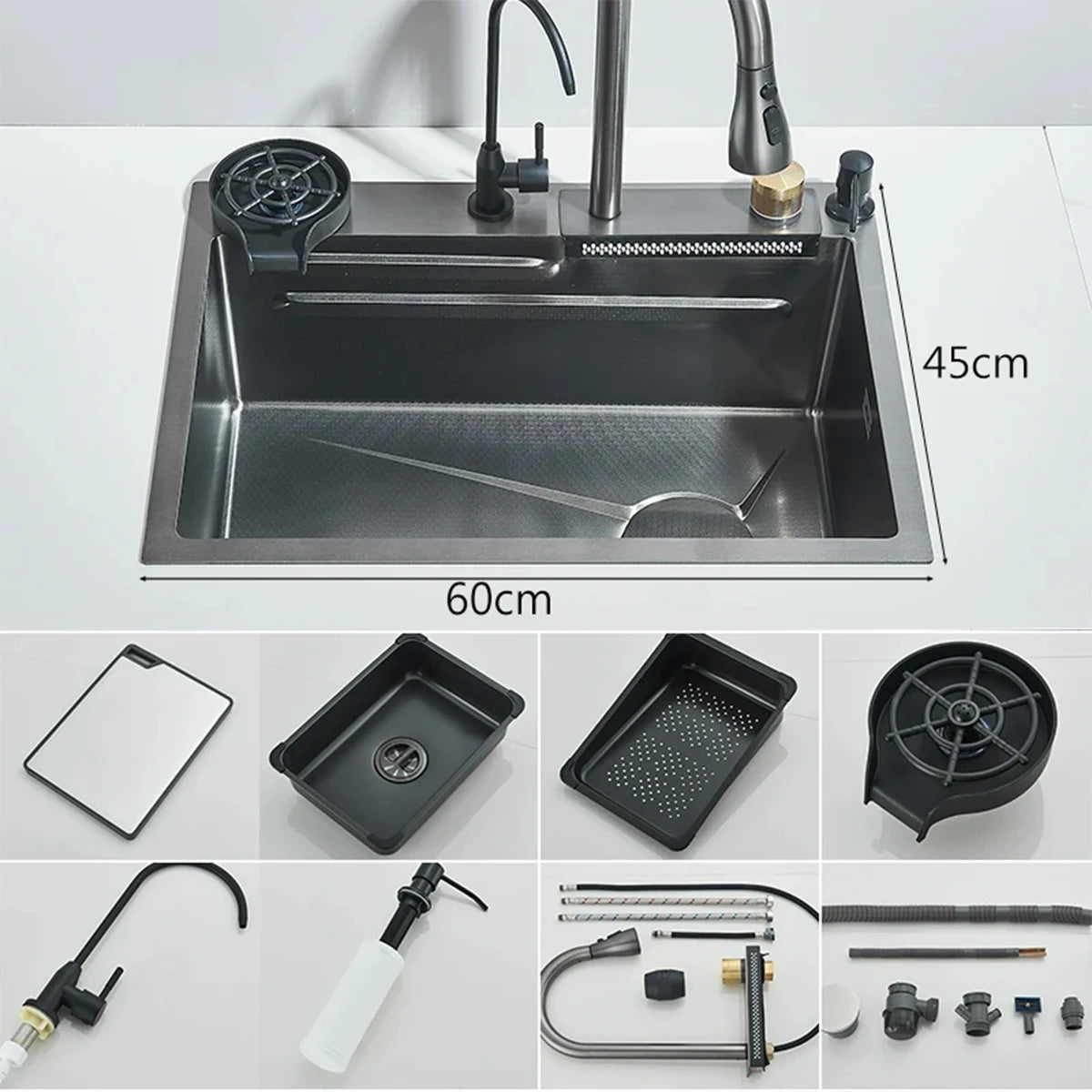 Hownifety Waterfall Sink Kitchen Stainless Steel Topmount Sink Large Single Slot Wash Basin With Multifunction Waterfall Faucet