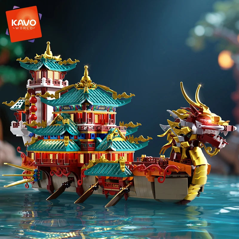 KAVOWORLD 2453PCS Chinese Dragon Boat Building Bricks Model Traditional Architecture STEM Toy Ideal Gift for Office Home Decor