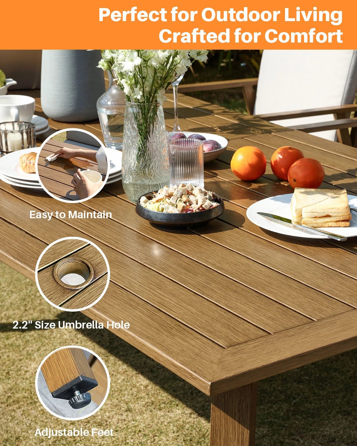 SeeHill 9 Pieces Patio Dining Set for 8, Outdoor Aluminum Dining Patio Table Furniture Set with Umbrella Hole for Poolside, Teak