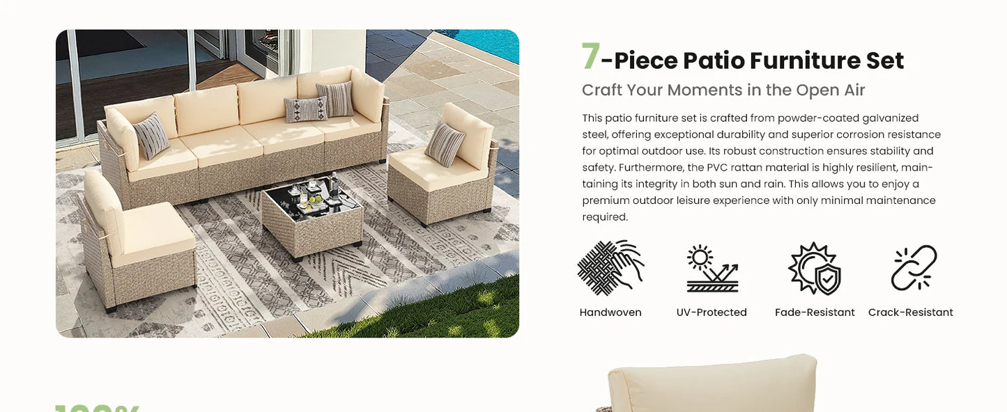 7-Piece Patio Furniture Set, Outdoor Rattan Sectional Sofa with Tempered Glass Table, All-Weather, for Garden, Porch, Backyard