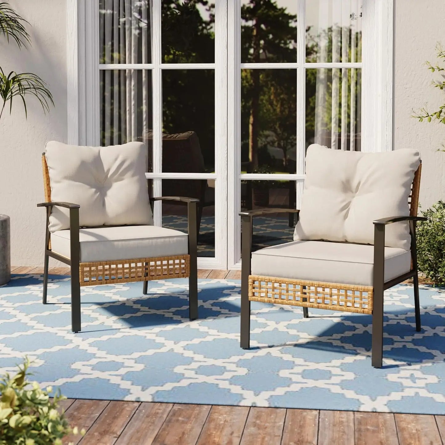 Outdoor Rattan Bistro Set, Patio Furniture Wicker Chairs Set of 2 with Deep Seating and Thick Cushions, Oversize, Customized