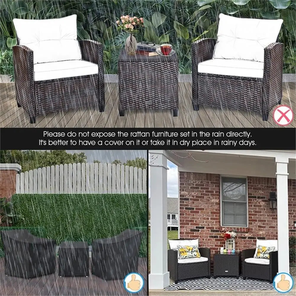 3PCS Rattan Patio Sofa Set, Cushioned Seat & Glass Table, Steel Frame Outdoor Garden Furniture, Customized