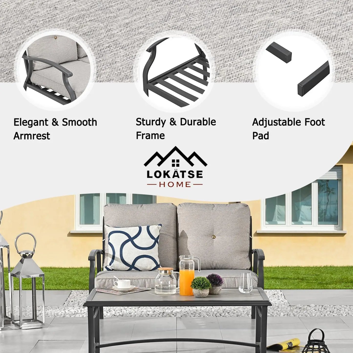Patio Loveseat Bench Set with Thick Cushions & Coffee Table Outdoor Conversation Sofa for Backyard Deck Lawn, Grey, Customized