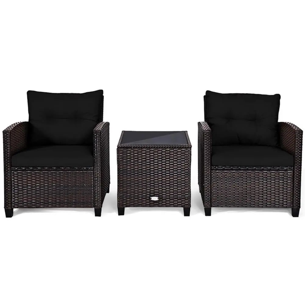 3PCS Rattan Patio Sofa Set, Cushioned Seat & Glass Table, Steel Frame Outdoor Garden Furniture, Customized