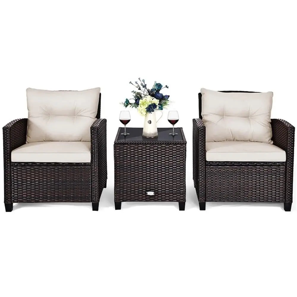 3PCS Rattan Patio Sofa Set, Cushioned Seat & Glass Table, Steel Frame Outdoor Garden Furniture, Customized