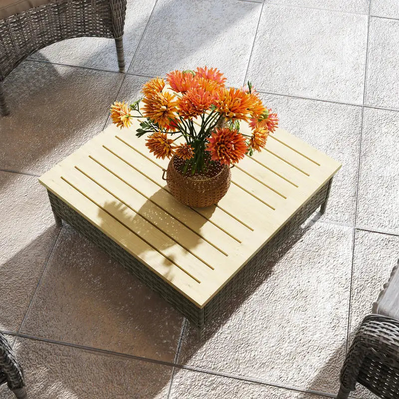 Outdoor Side Table with PE Rattan, Patio End Table with Natural Fir Wood Top, Weather Resistant Accent Table for Patio Pool P