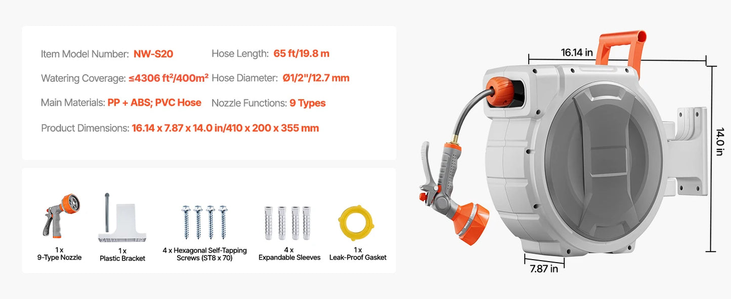 SucceBuy Retractable Garden Hose Reel Wall Mounted Hose Reel Heavy Duty Garden Hose Reel with 9Pattern Nozzle 180°Swivel Bracket