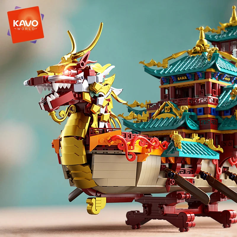 KAVOWORLD 2453PCS Chinese Dragon Boat Building Bricks Model Traditional Architecture STEM Toy Ideal Gift for Office Home Decor