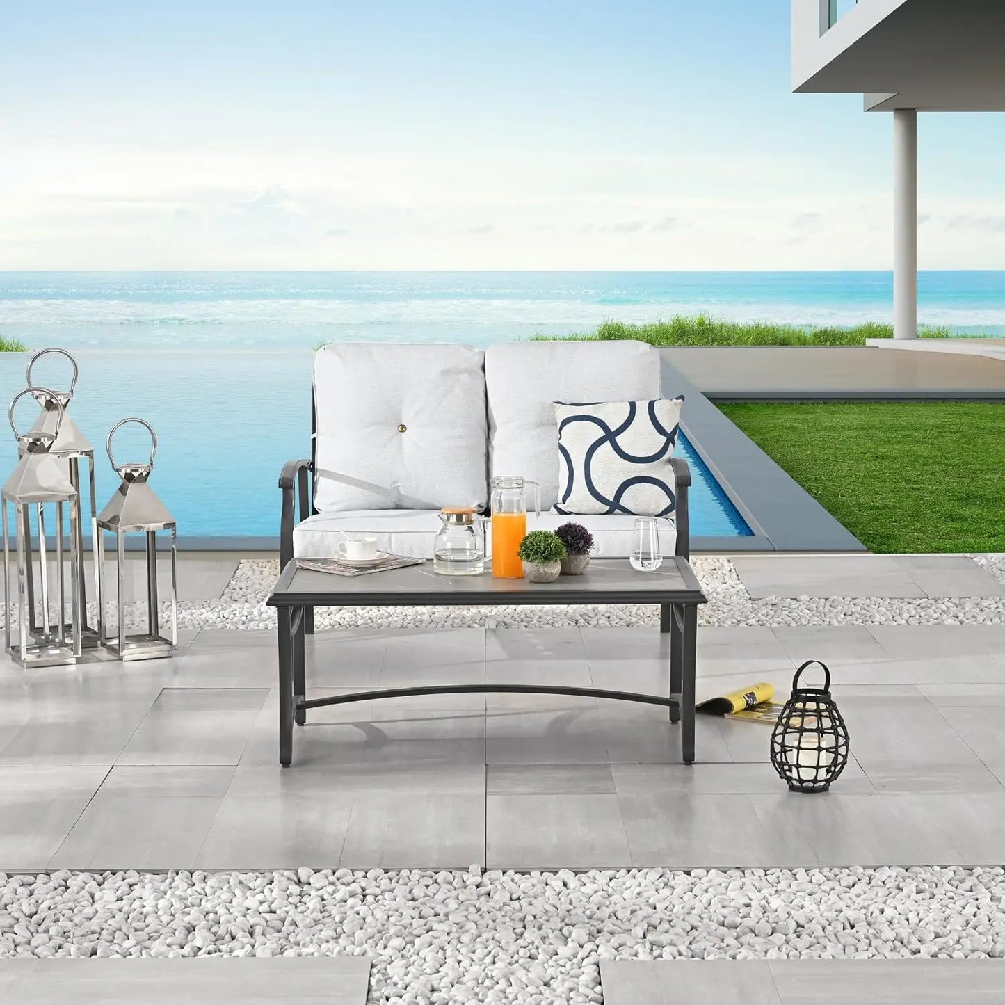 Patio Loveseat Bench Set with Thick Cushions & Coffee Table Outdoor Conversation Sofa for Backyard Deck Lawn, Grey, Customized
