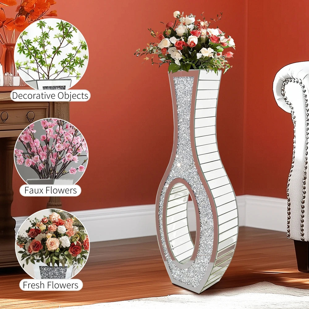 Tall Silver Mirrored Vase Decorative Crush Diamond Floor Grass Vase