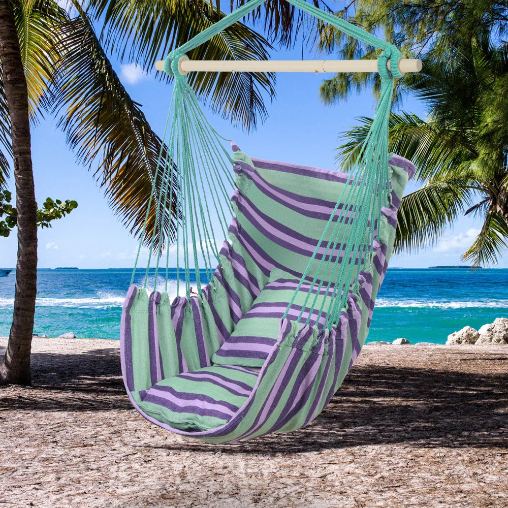Outdoor Hanging Rope Chair Polyester Cotton with 2 Soft Pillows Green 250 Lbs Capacity for Garden Patio Porch Backyard Swing