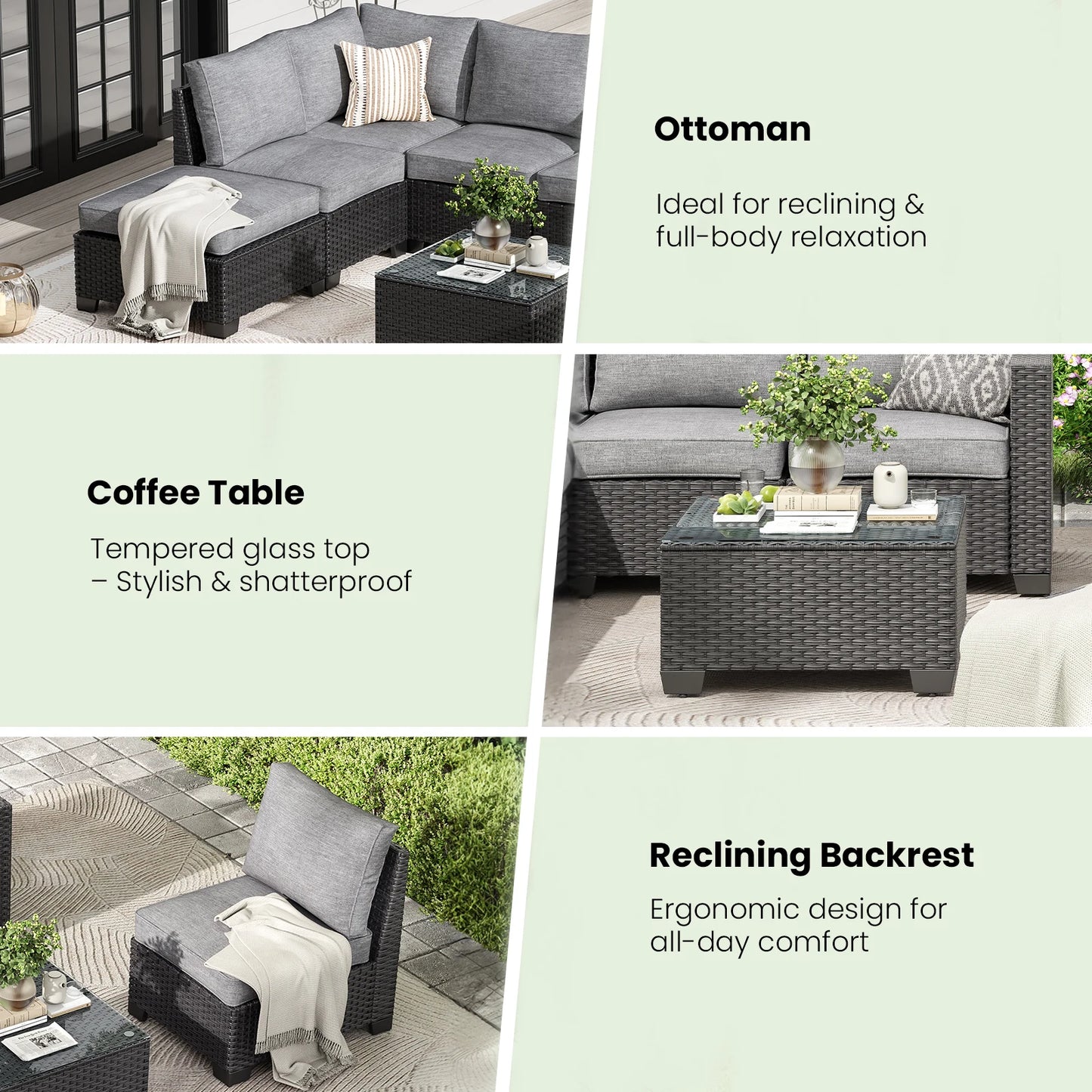 Farini Patio Sectional Sofa Set, Outdoor Furniture with Ottoman, Water/Oil/Stain-Resistant Fabric, Dark Gray Cushion + Gray Wick