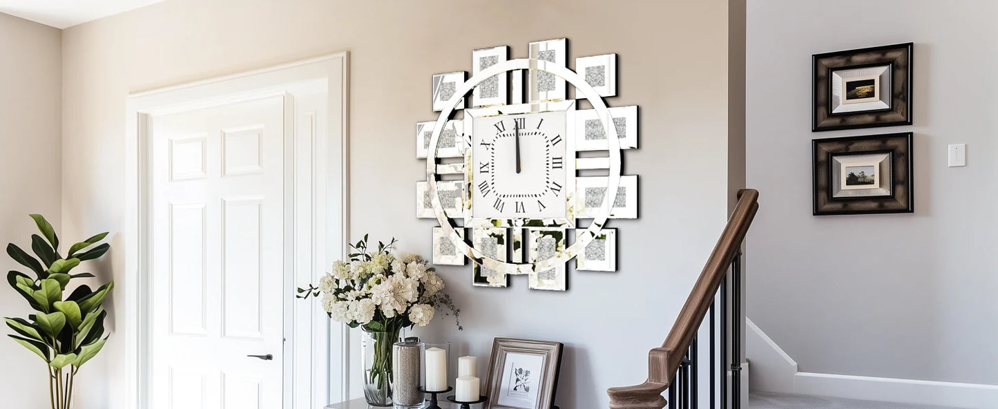60CM Decorative Wall Clock with Silver/ Golden Crystal Crushed Diamond Inlay Battery Operated