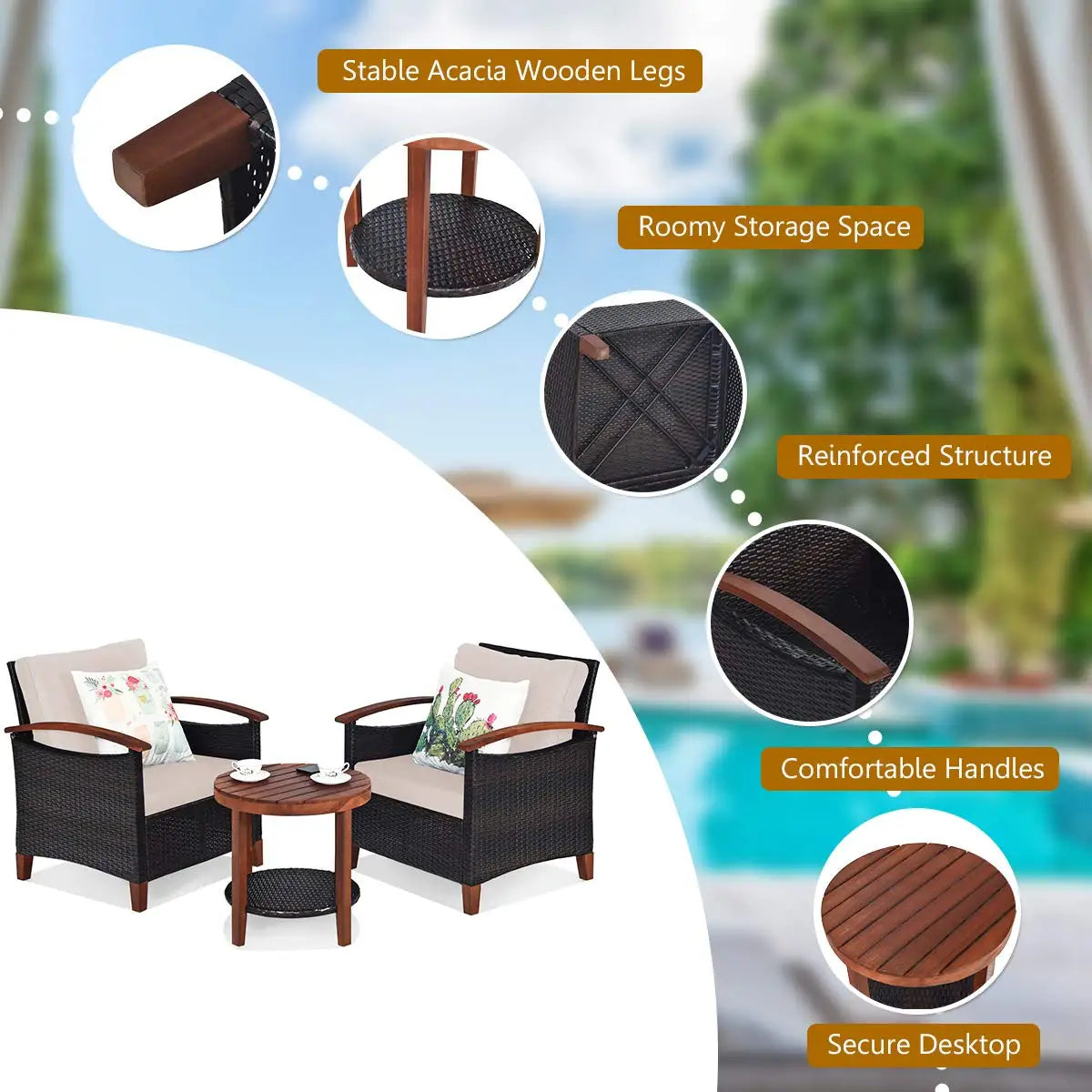 3-Piece Wicker Patio Set, Outdoor Rattan Table & Chairs with Wood Top for Balcony Porch Deck, All-Weather, Beige, Customized
