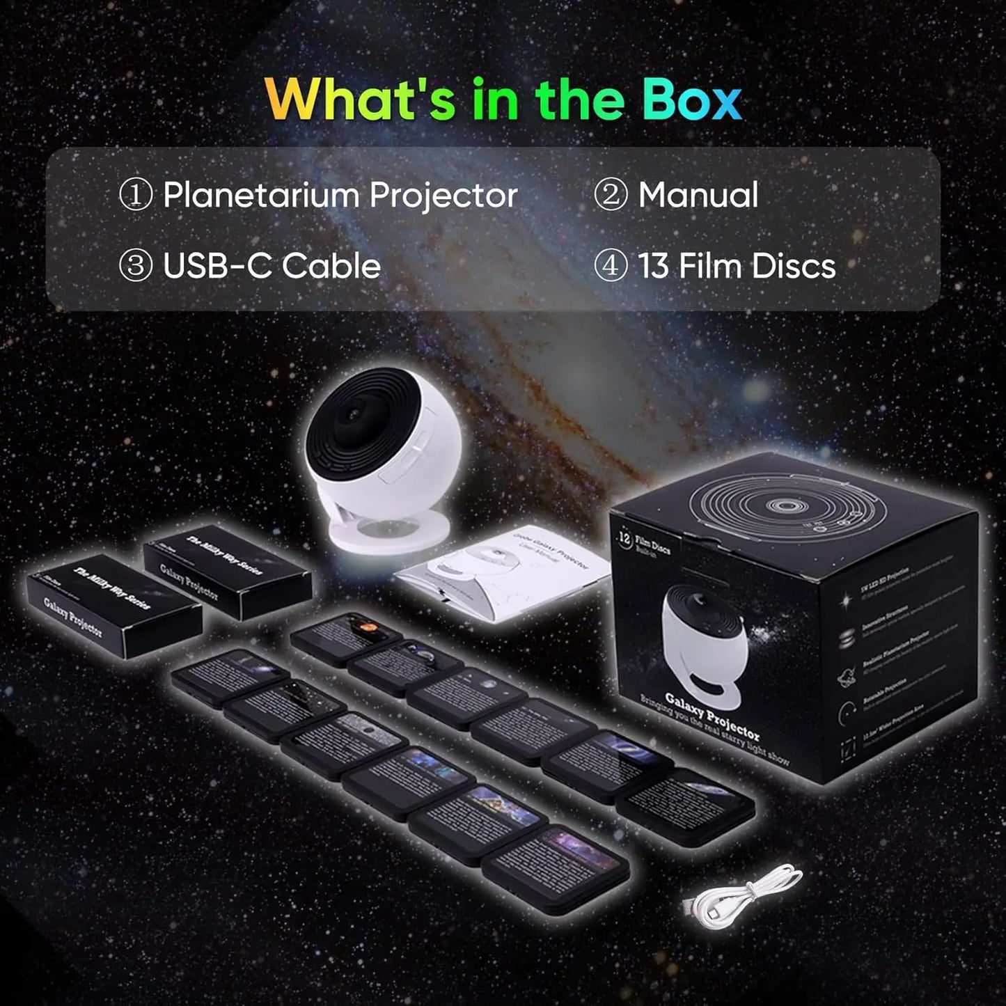 Galaxy Projector for Bedroom, HD Image Star Projector, Adjustable Galaxy Light Knob, 13 Film Discs, Planetarium Projector for Ki