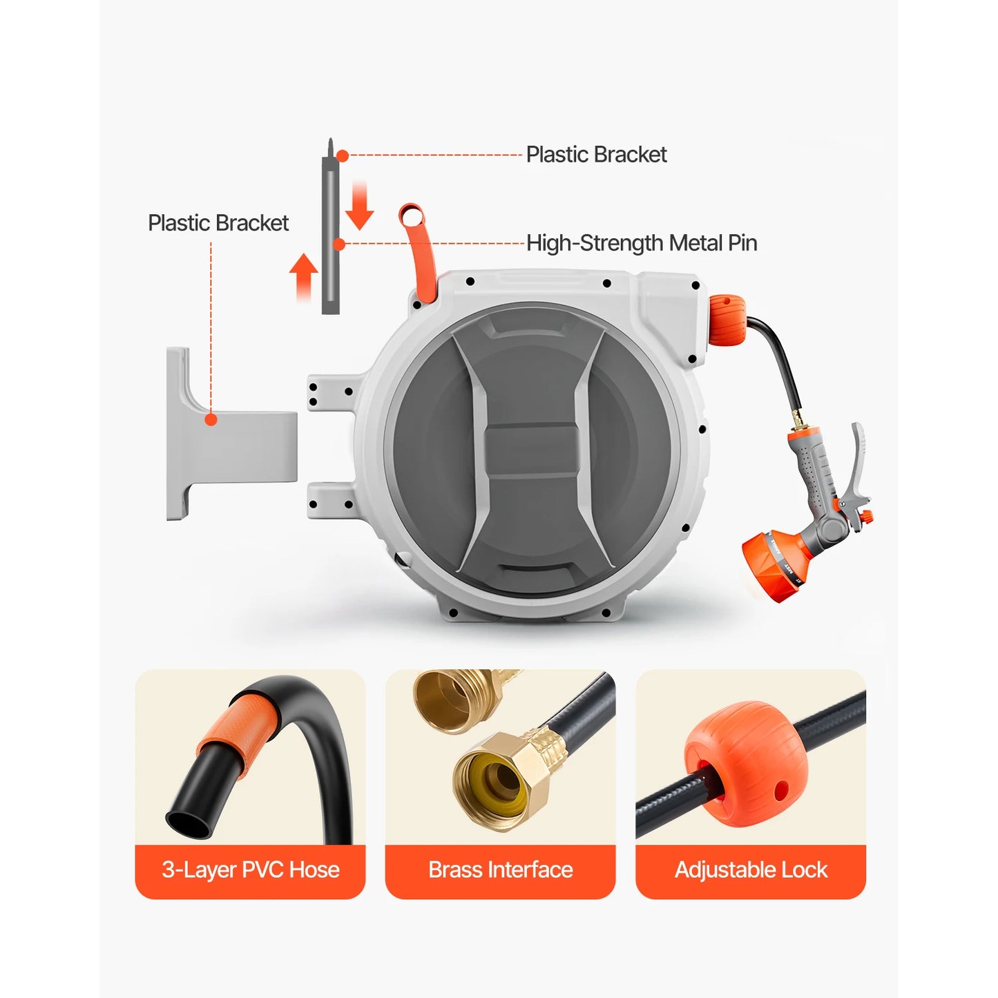 SucceBuy Retractable Garden Hose Reel Wall Mounted Hose Reel Heavy Duty Garden Hose Reel with 9Pattern Nozzle 180°Swivel Bracket