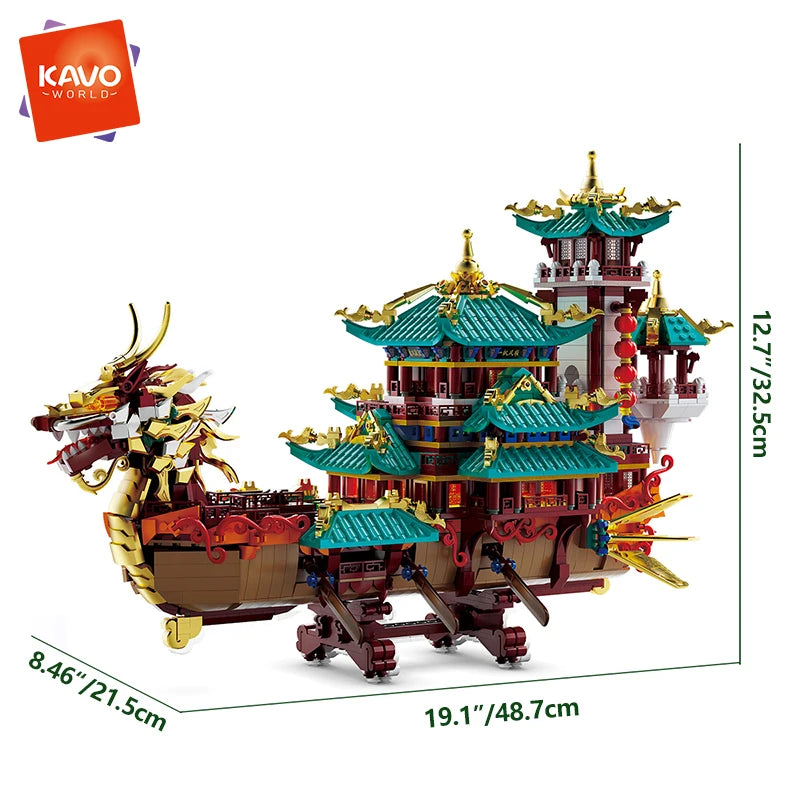 KAVOWORLD 2453PCS Chinese Dragon Boat Building Bricks Model Traditional Architecture STEM Toy Ideal Gift for Office Home Decor