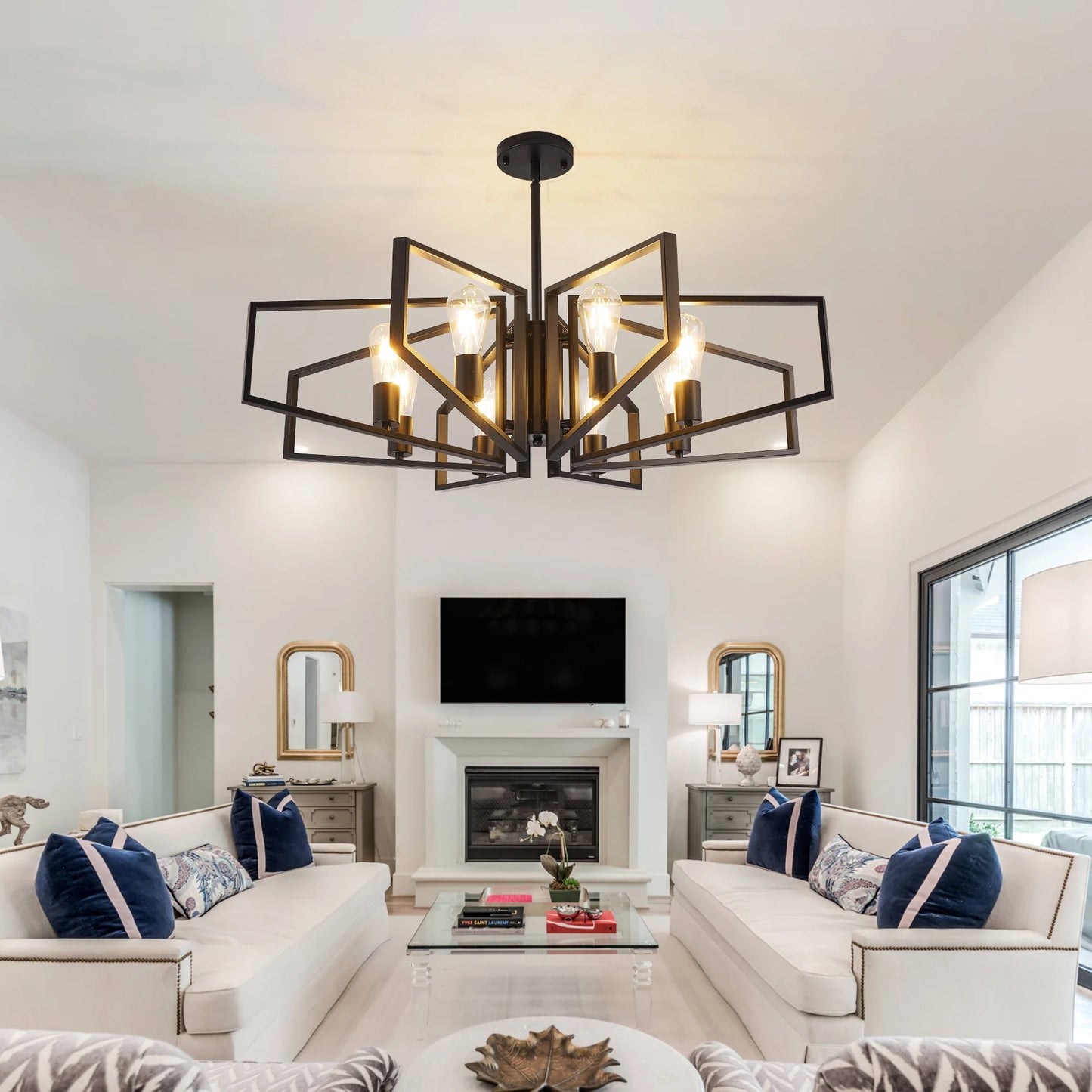 Modern 8-Light Geometric Chandelier Adjustable Height Metal Pendant Light with Black Frame & Golden Accents Ceiling Light Decor