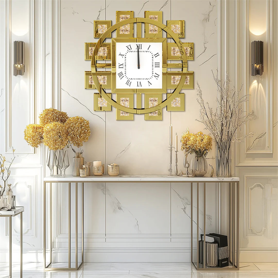 60CM Decorative Wall Clock with Silver/ Golden Crystal Crushed Diamond Inlay Battery Operated