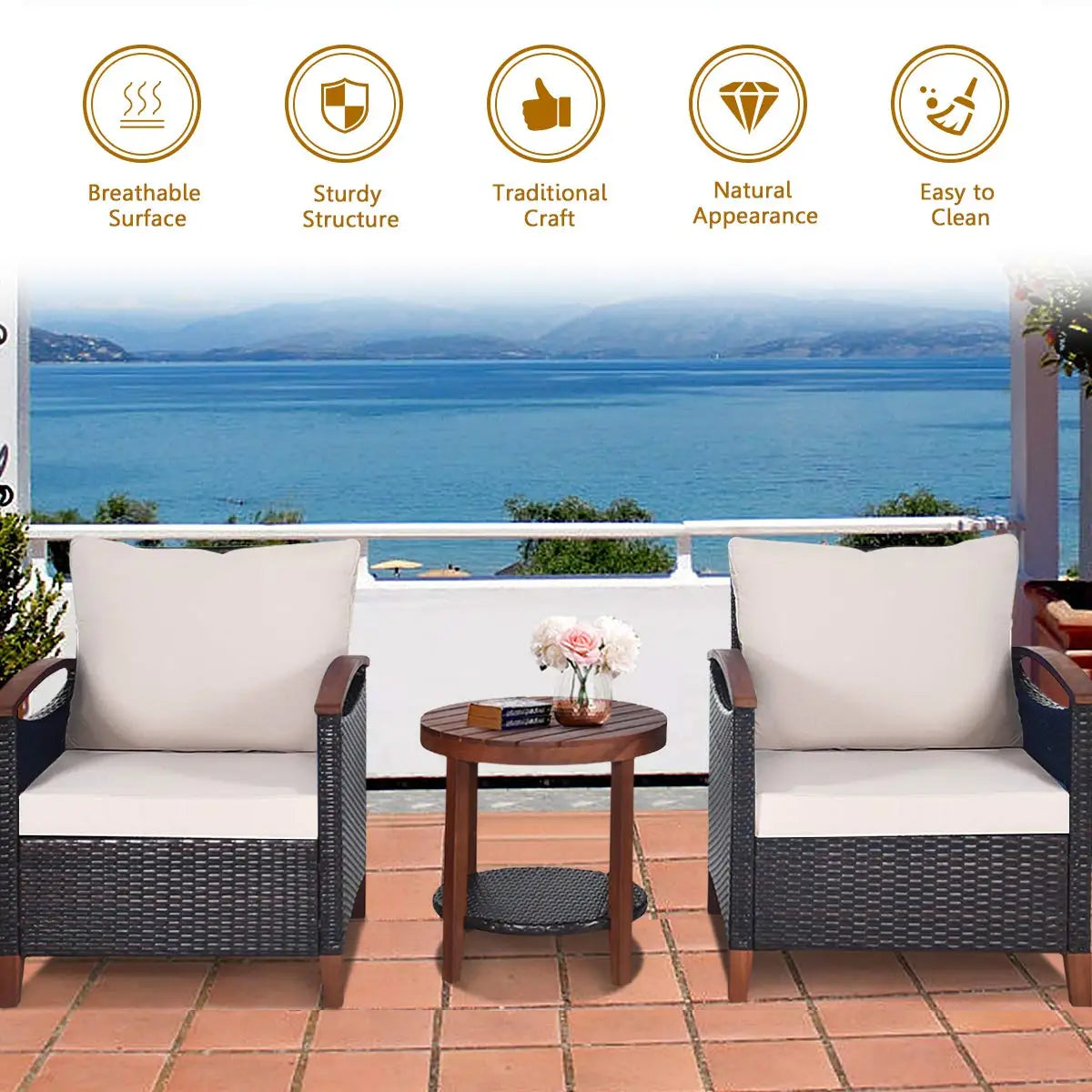 3-Piece Wicker Patio Set, Outdoor Rattan Table & Chairs with Wood Top for Balcony Porch Deck, All-Weather, Beige, Customized