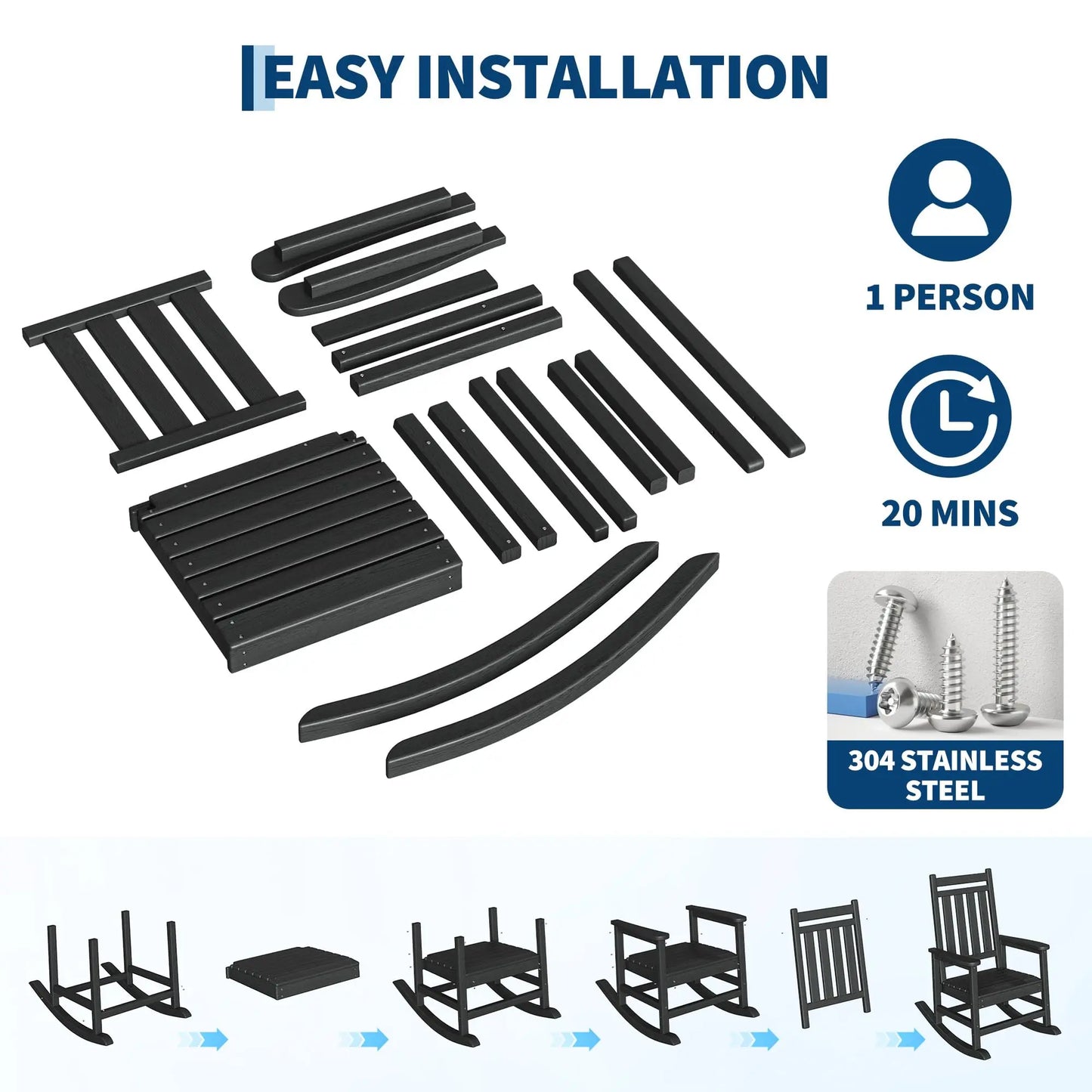HDPE Rocking Chair Outdoor Set of 2 with Side Table - Poly High Back Porch Rocker Chairs for Adults - All Weather Resistant Furniture for Patio Front Porch - Black