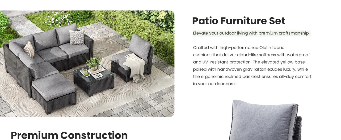 Farini Patio Sectional Sofa Set, Outdoor Furniture with Ottoman, Water/Oil/Stain-Resistant Fabric, Dark Gray Cushion + Gray Wick