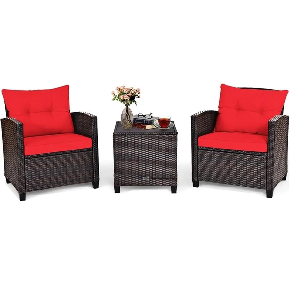 3PCS Rattan Patio Sofa Set, Cushioned Seat & Glass Table, Steel Frame Outdoor Garden Furniture, Customized